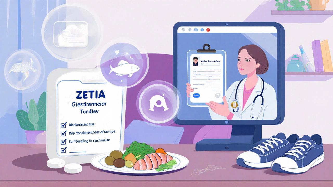 Patient video consulting doctor for Zetia prescription with healthy lifestyle items.