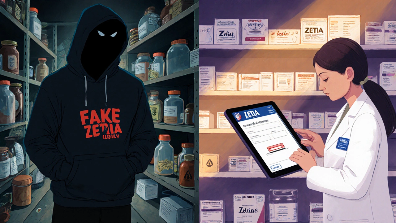 Shadowy counterfeit drug operation vs. licensed pharmacist verifying prescription.