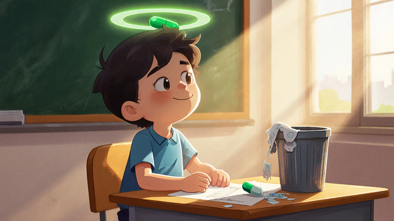 A child focused in class with guanfacine as a glowing halo while clonidine falls away into trash.