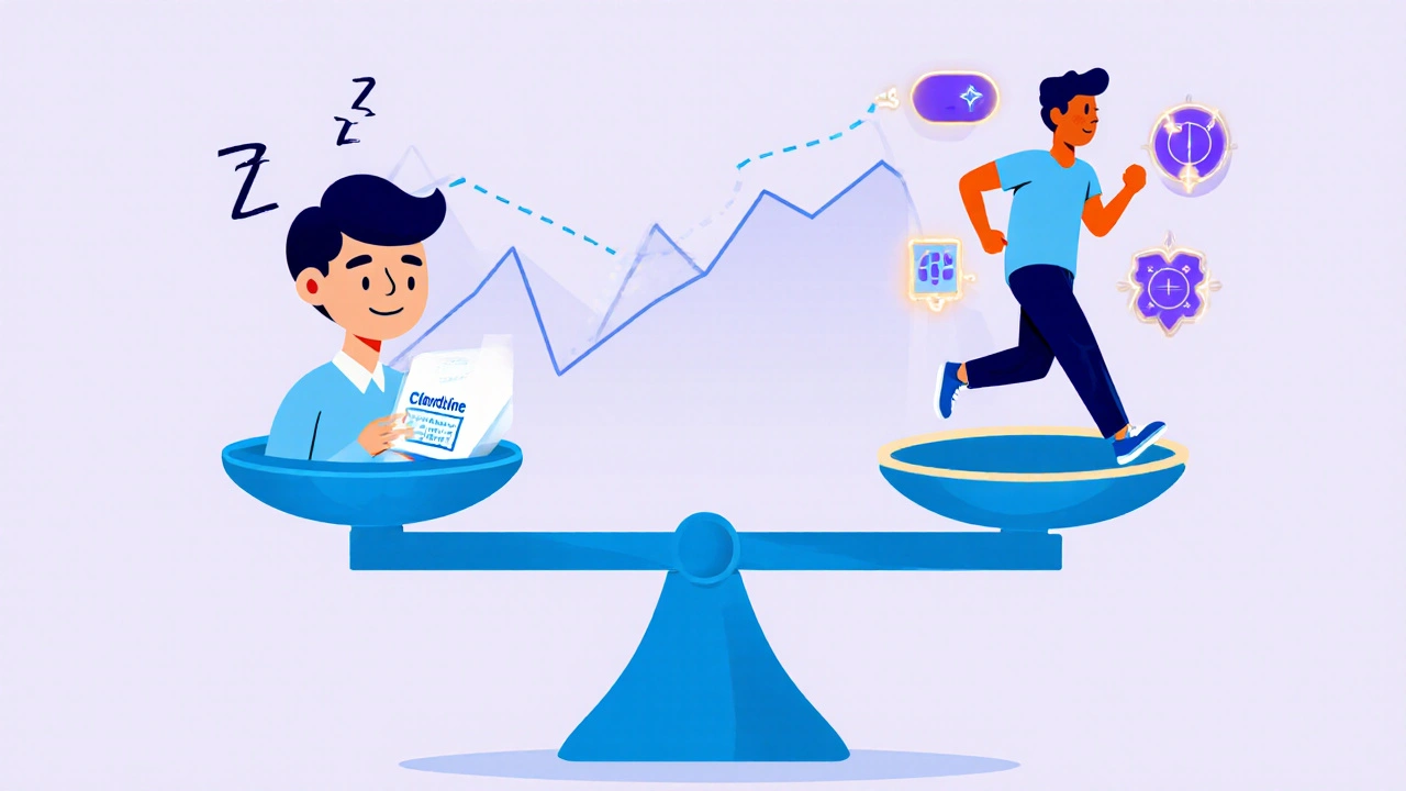 A medical scale balancing sedated clonidine use against active, healthy alternatives like amlodipine.