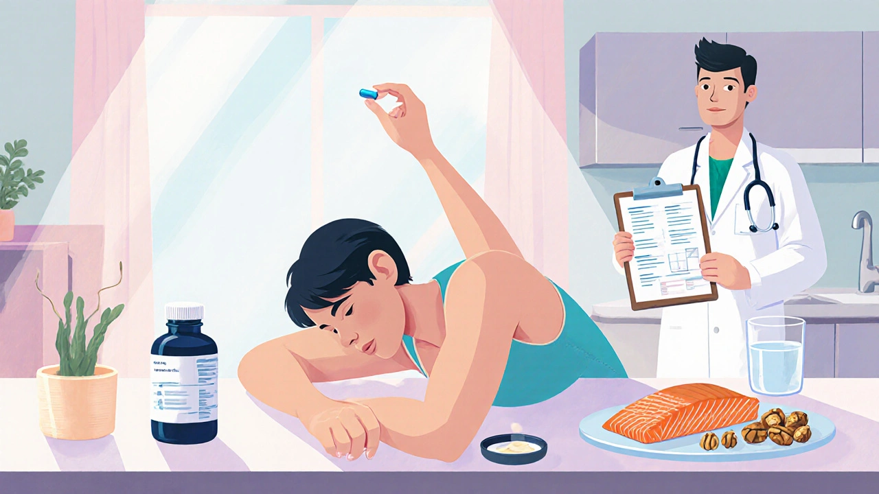 Active person stretching while holding medication and surrounded by healthy foods.