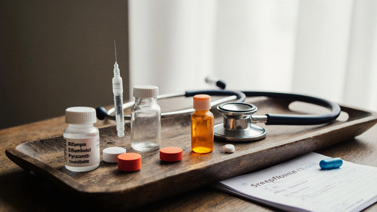Assorted colored TB pills and a vial with a stethoscope on a wooden tray.