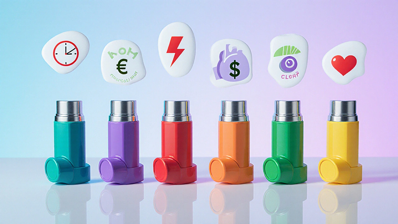 Cartoon illustration of six different inhaler devices displayed side by side with visual feature icons.