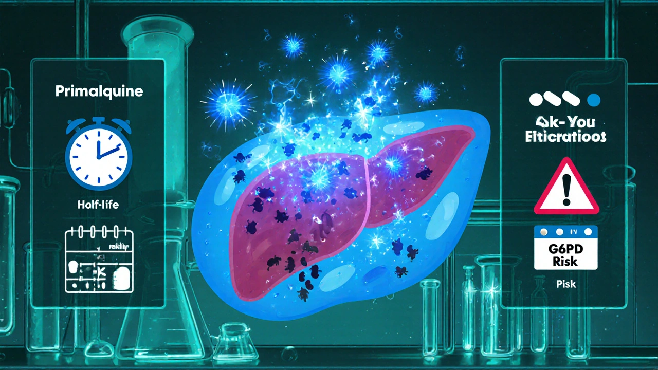 Cartoon liver cell showing Primaquine molecules attacking hypnozoites with activity icons.