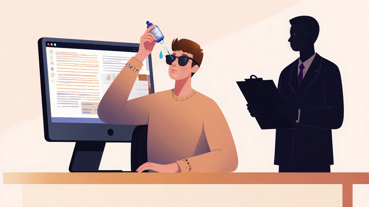 Cartoon person applying eye drops, wearing sunglasses, and adjusting a computer screen with a doctor nearby.