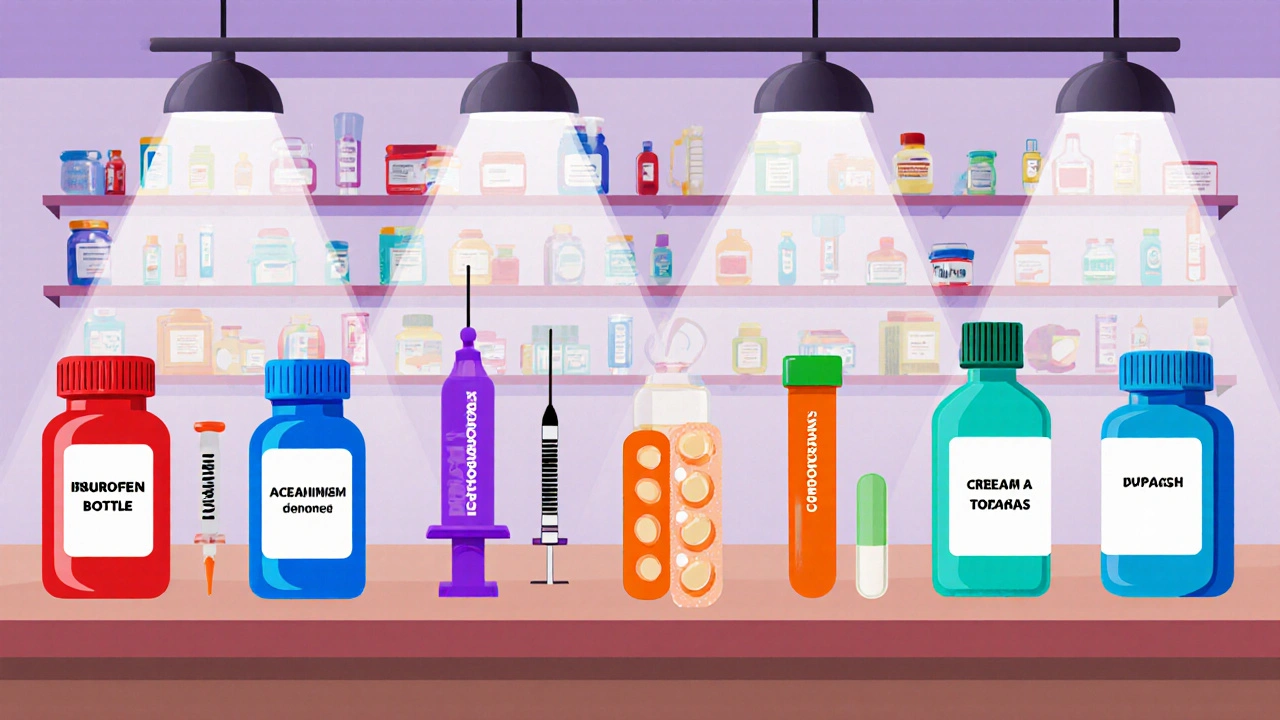 Cartoon pharmacy shelf displaying labeled bottles of joint pain drugs.