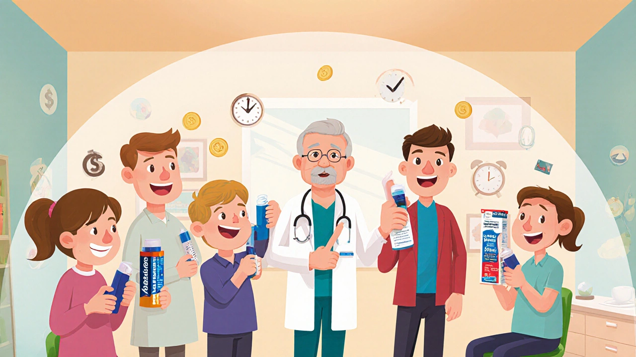 Cartoon scene of a doctor helping various patients choose the right inhaler for their needs.