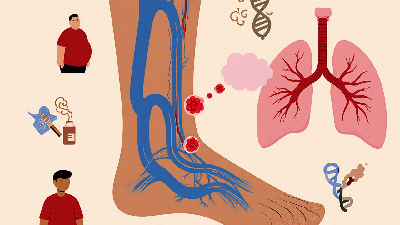 Cartoon showing a clot forming in a leg vein and traveling to the lungs, with risk factor icons.