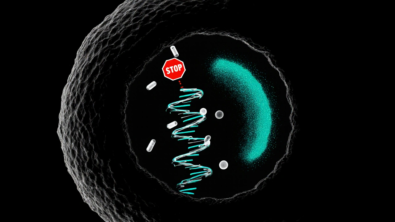 Cell interior showing teal viral DNA blocked by pill particles with a red stop sign.