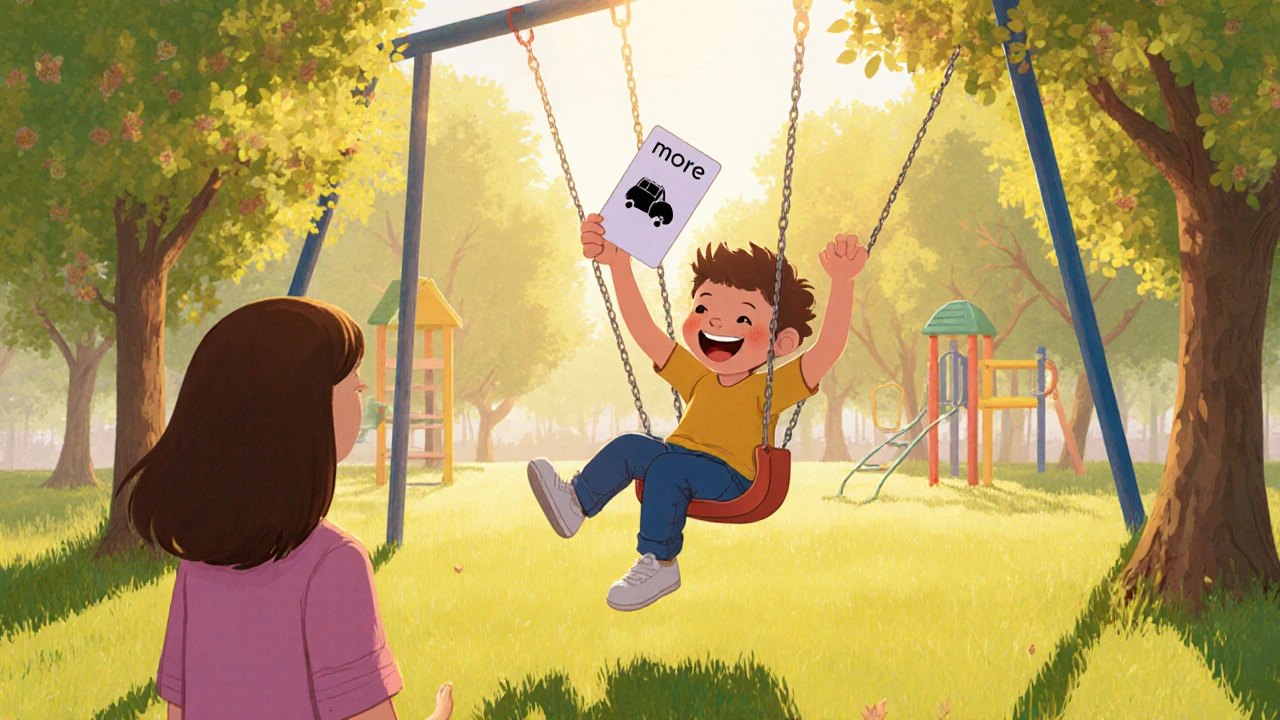 Child on swing holding &#039;more&#039; picture card in sunny park