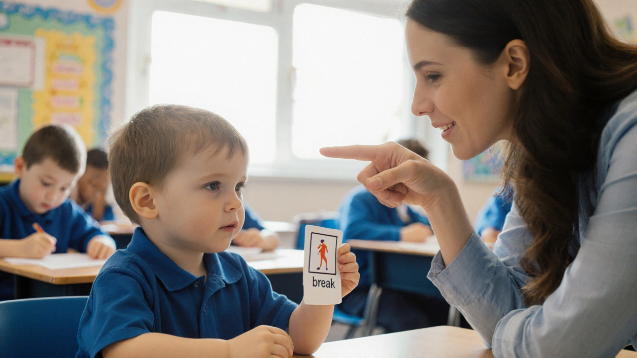 Child showing break card to teacher in classroom setting