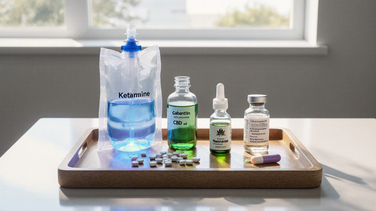 Clinical tray displaying ketamine IV bag, gabapentin tablets, CBD oil, naloxone syringe, and dronabinol capsule.