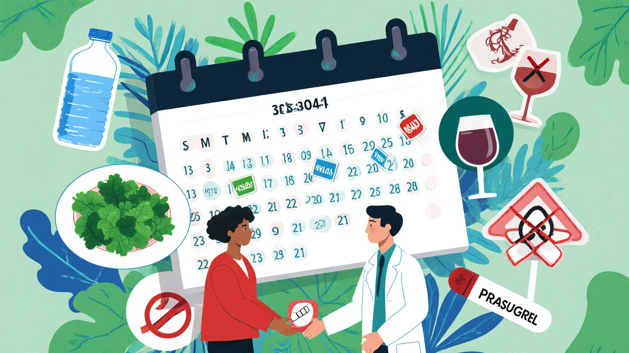 Collage of a calendar, water bottle, healthy food, no‑NSAID sign, and medical professionals.