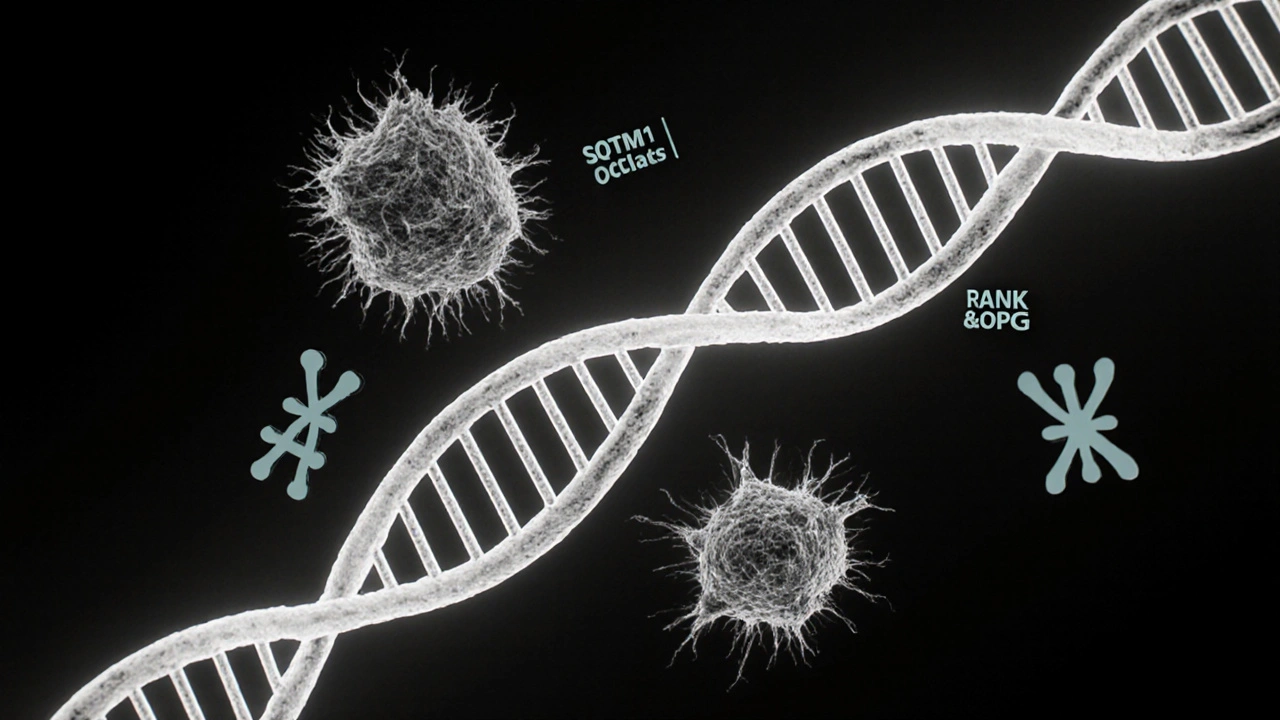 DNA helix entwined with active osteoclast cells and gene symbols.