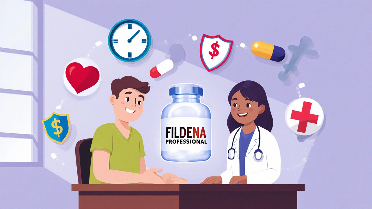 Doctor's office cartoon scene with floating icons for severity, timing, cost, and side‑effects around a glowing pill.