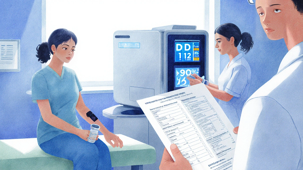 Doctor and lab technician examining a blood sample with high‑tech equipment for vitamin levels.