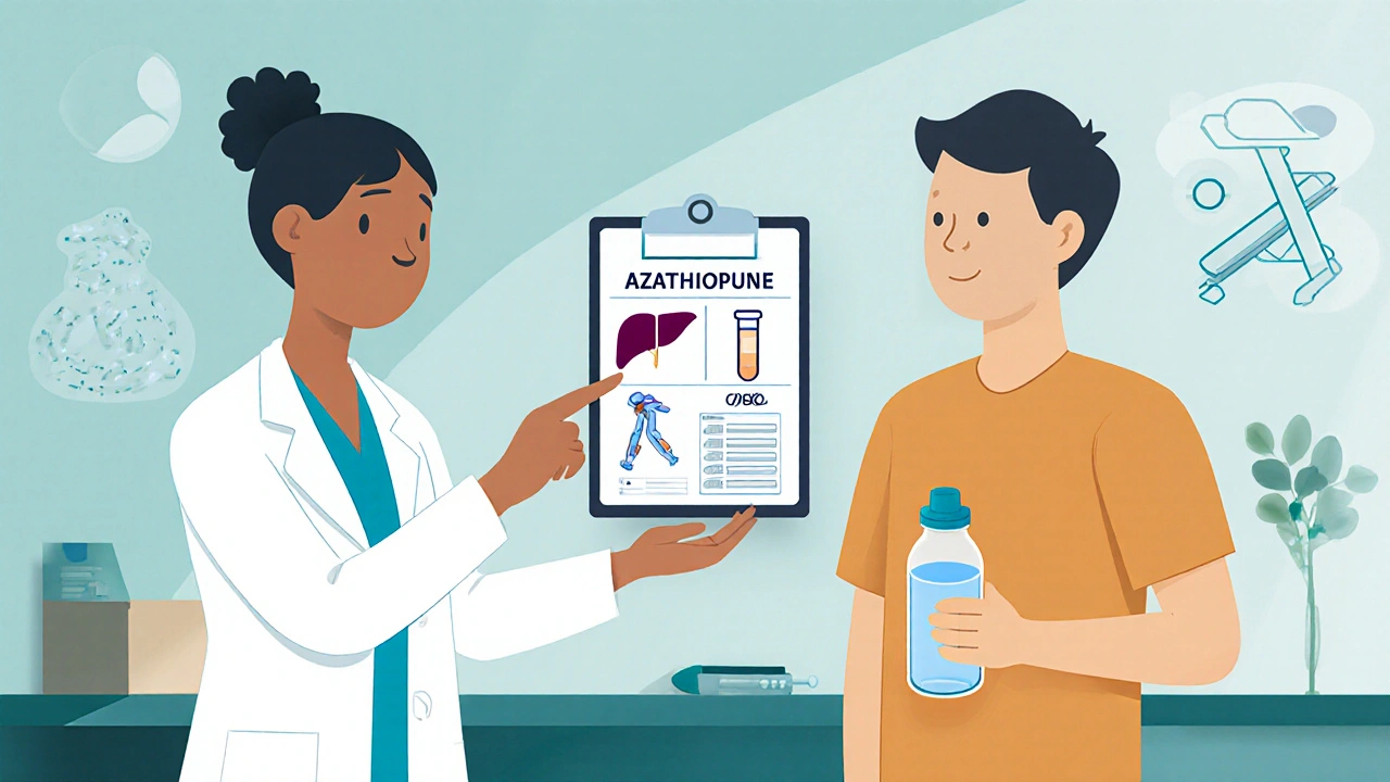 Doctor and patient reviewing lab tests and lifestyle tips to prevent clotting while on azathioprine.