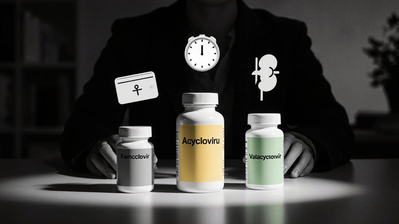 Doctor assessing three colored pill bottles with dosing and safety icons nearby.