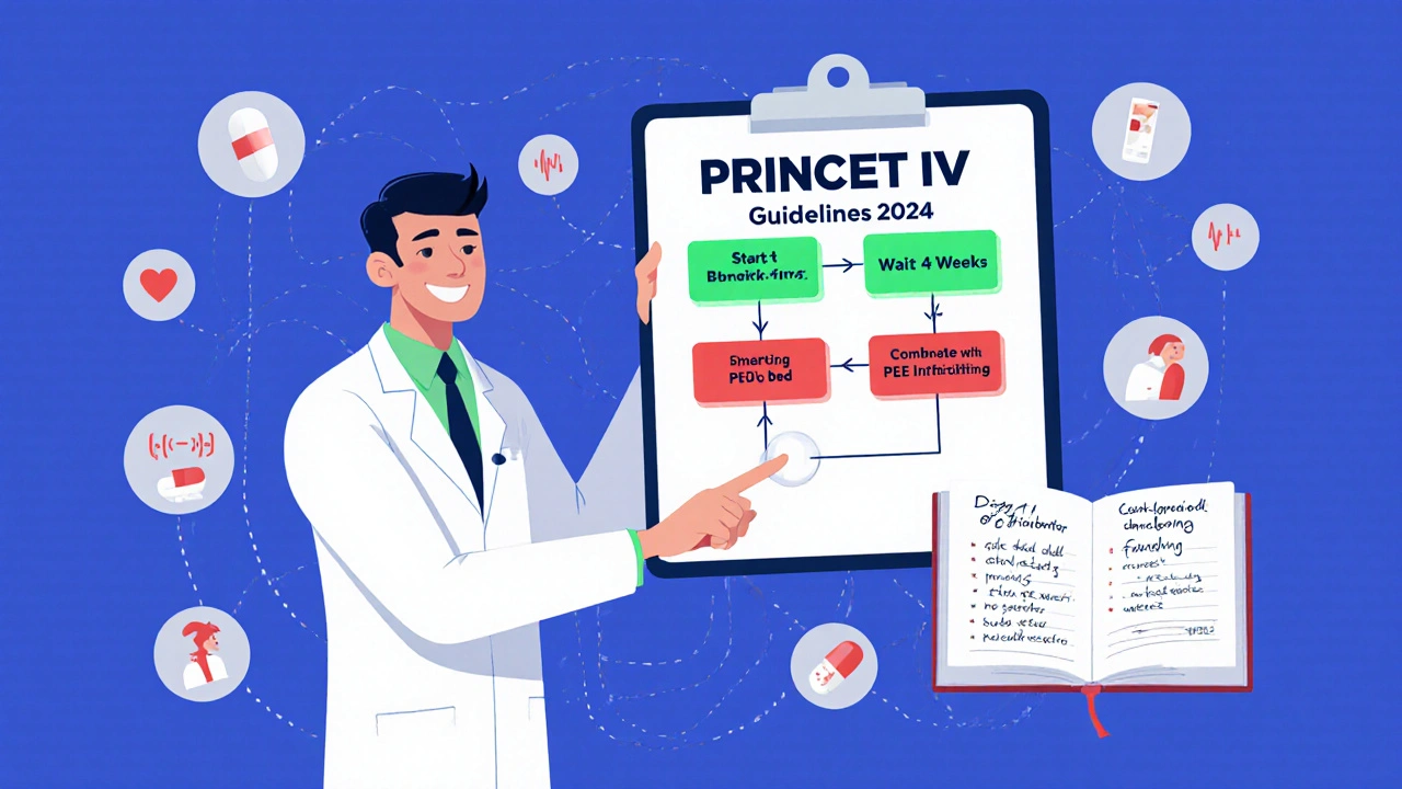 Doctor explaining safe drug combo guidelines with green and red flowchart paths