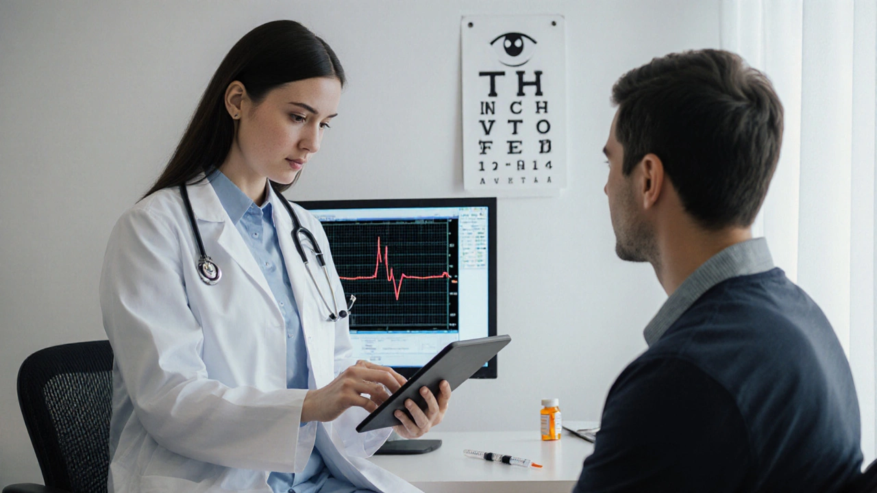 Doctor reviewing ECG and liver monitor while patient sits by an eye chart.