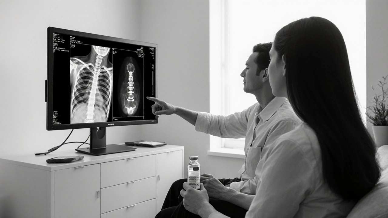 Family with counselor reviewing a bone scan and bisphosphonate treatment.