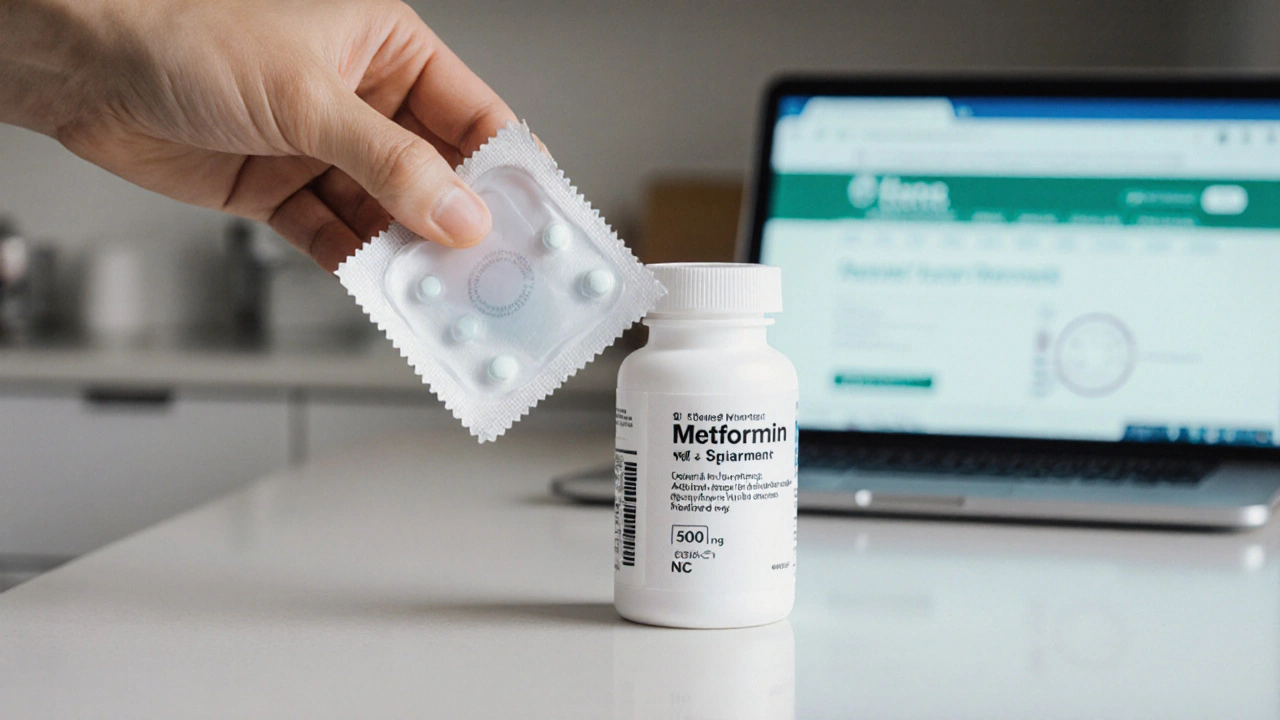 Hand opening a parcel to reveal a generic metformin bottle with clear labeling.