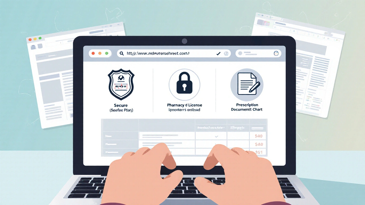Hand using a laptop showing secure icons and a price comparison chart.