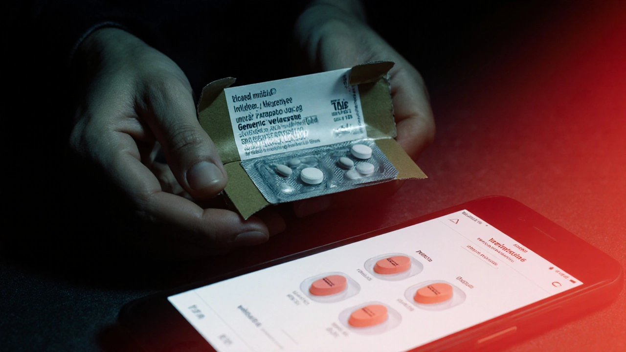 Hands inspecting a box of venlafaxine tablets with a holographic seal and phone app.