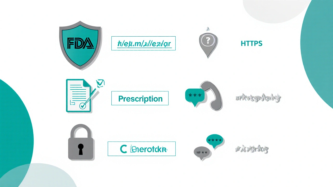 Illustrated checklist icons for safe online pharmacy purchasing.