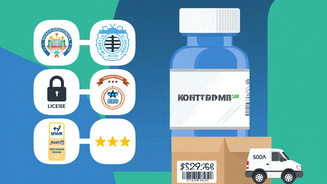 Illustrated checklist with icons for license, HTTPS, accreditation, reviews, and a metformin bottle price tag.