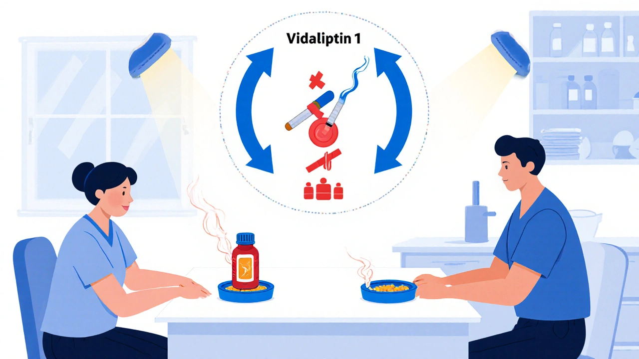 Lab scene showing participants with Vidagliptin or placebo and a GLP‑1 diagram.