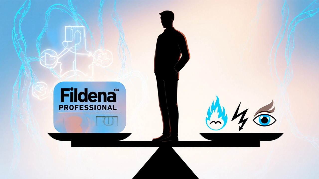 Male silhouette on a scale balancing a large tablet against icons for headache, flushing, and visual changes.