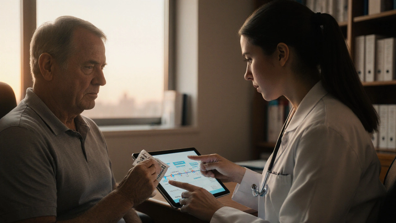 Patient and doctor discussing medication options in a softly lit office, with a tablet showing a pain‑relief timeline.
