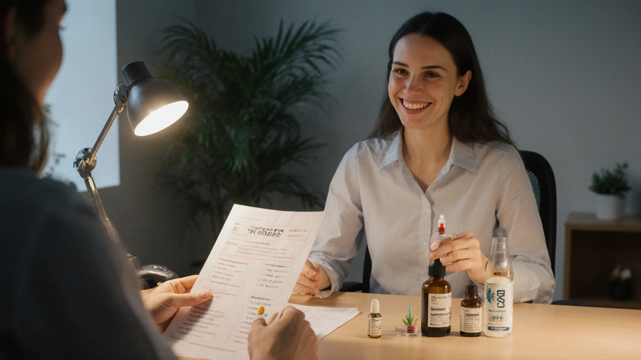 Patient and doctor reviewing a cheat sheet with various medication samples on the desk.