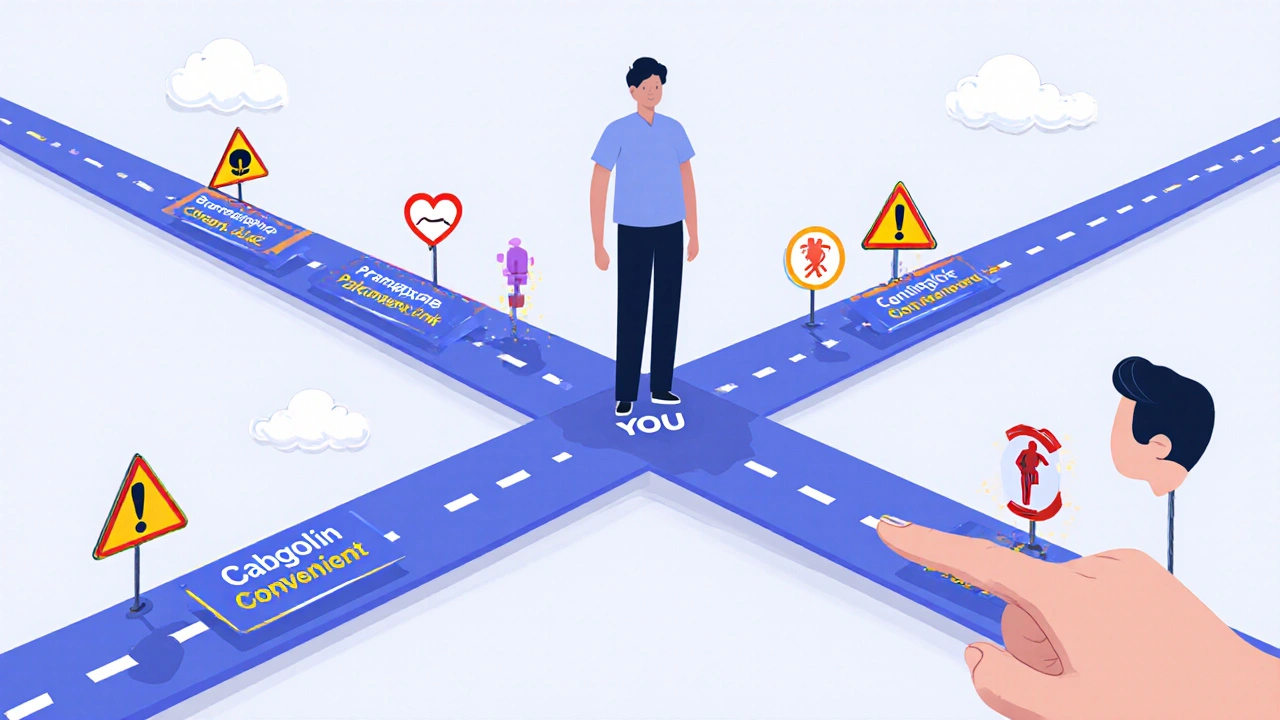 Patient at a crossroads choosing a prolactin treatment path with symbolic obstacles and a guiding doctor's hand.