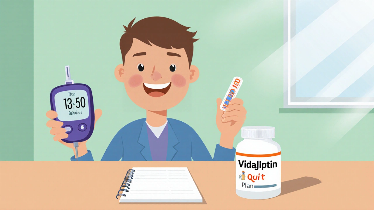 Patient holding glucose monitor and nicotine patch beside Vidagliptin bottle.