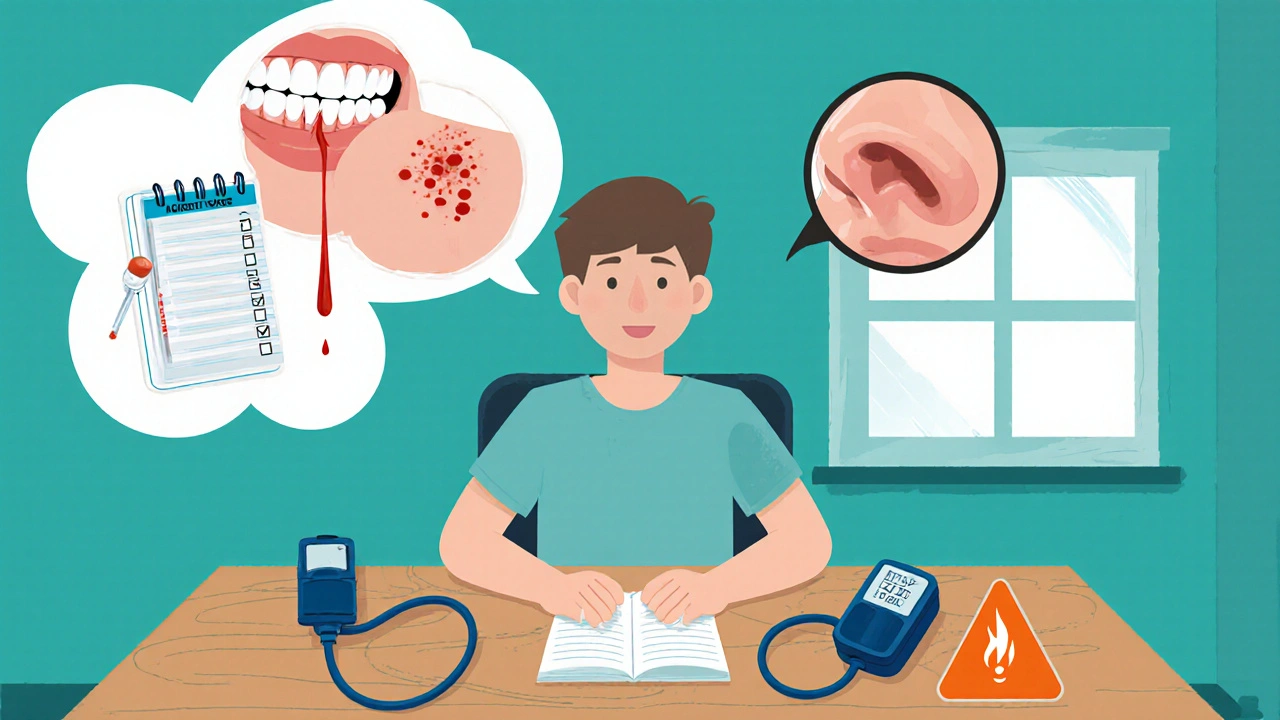 Patient reviewing a checklist with images of bruises, gum bleed, nosebleed, and stomach pain.