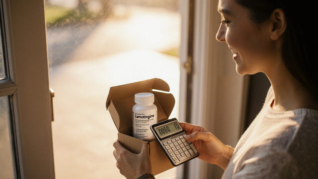 Person opening a package with medication and a calculator showing savings.