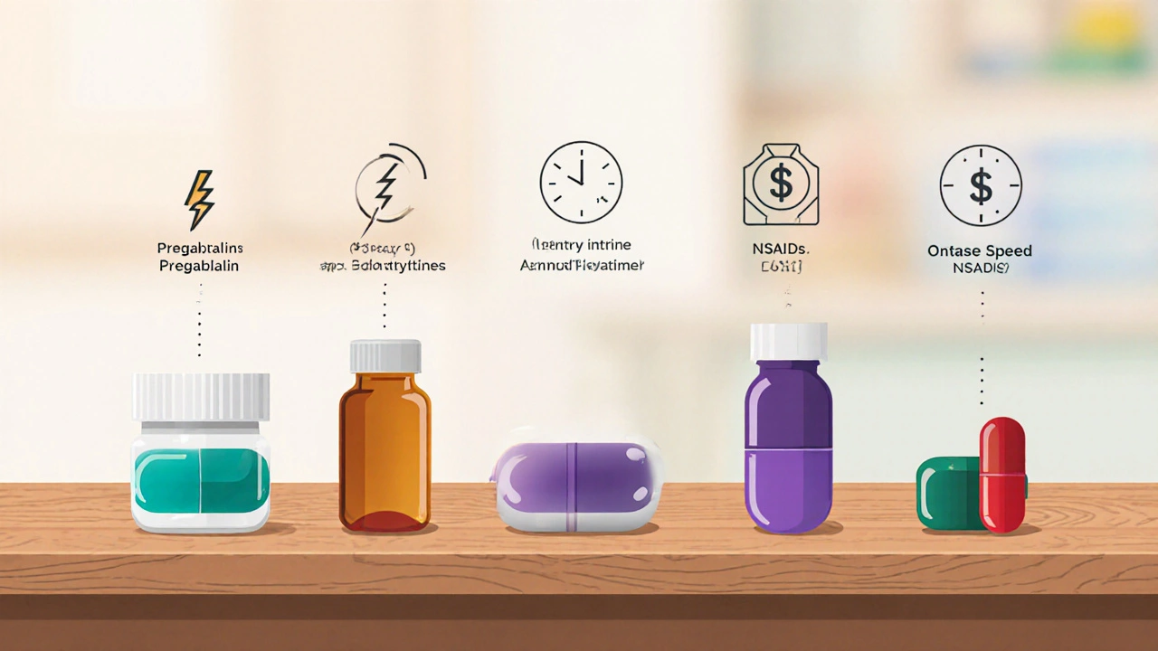 Row of five colored pill bottles on a counter, each with subtle icons for potency, speed, and cost.