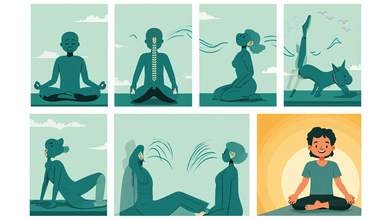 Sequential comic strip of a short yoga routine ending with reduced ear ringing.