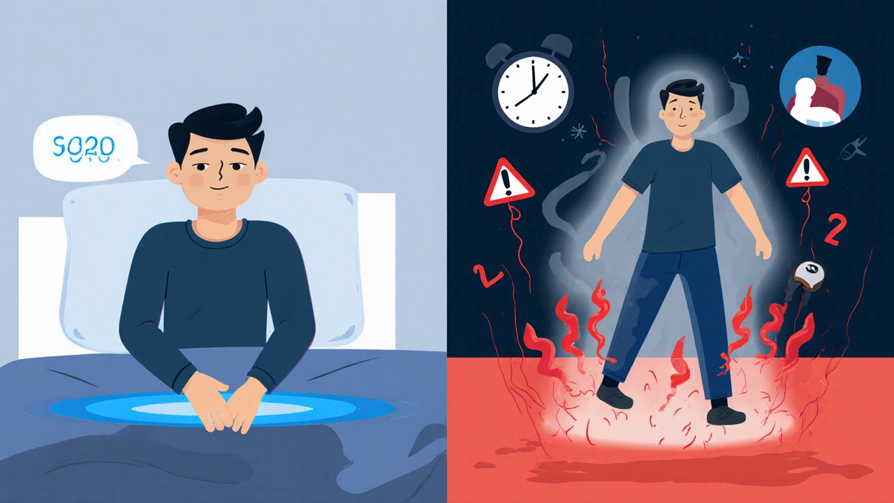 Split scene: calm sitting vs. sudden standing with falling shadow and warning waves