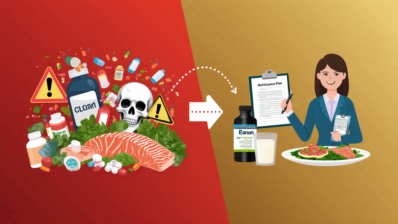 Split‑scene showing chaotic self‑supplementation versus a calm, guided health plan with balanced diet.