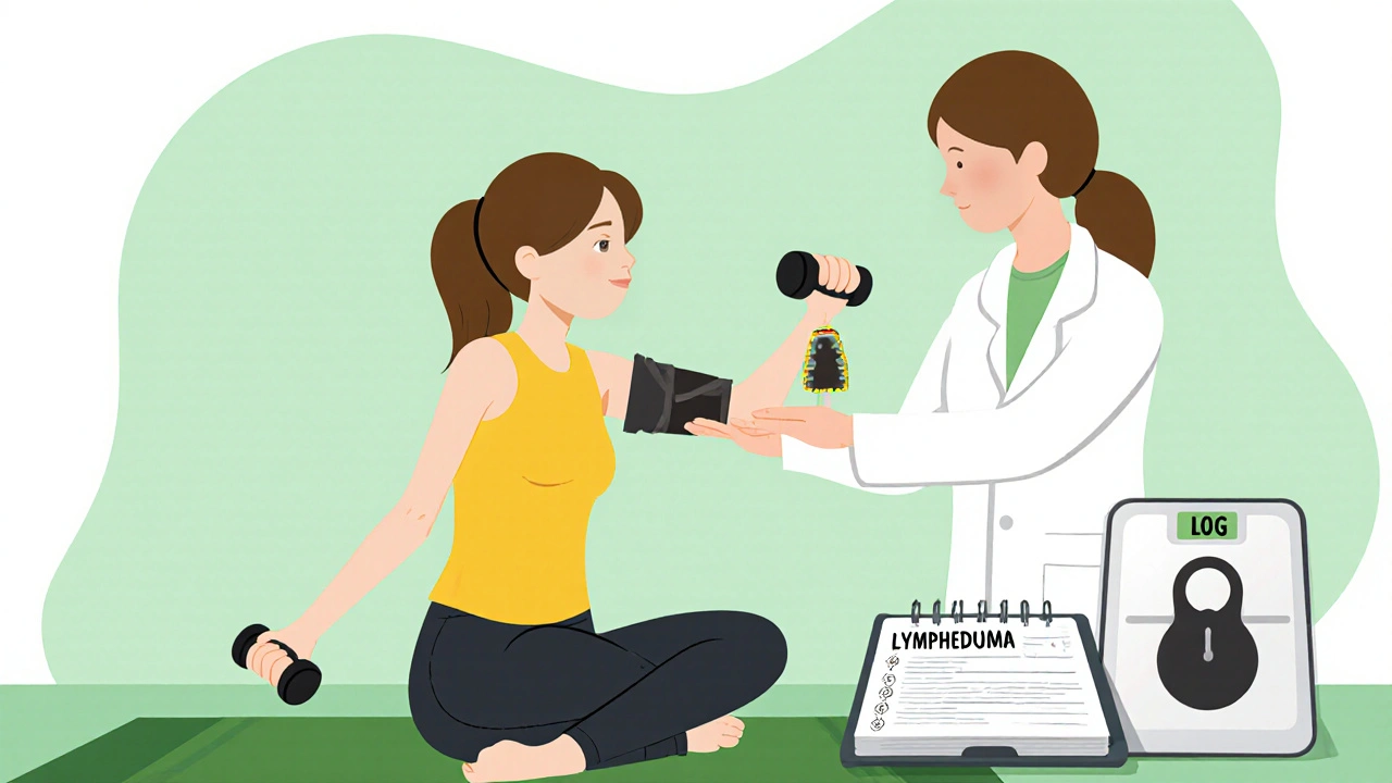 Therapist performing manual lymphatic drainage while patient does light exercises and wears compression sleeve.