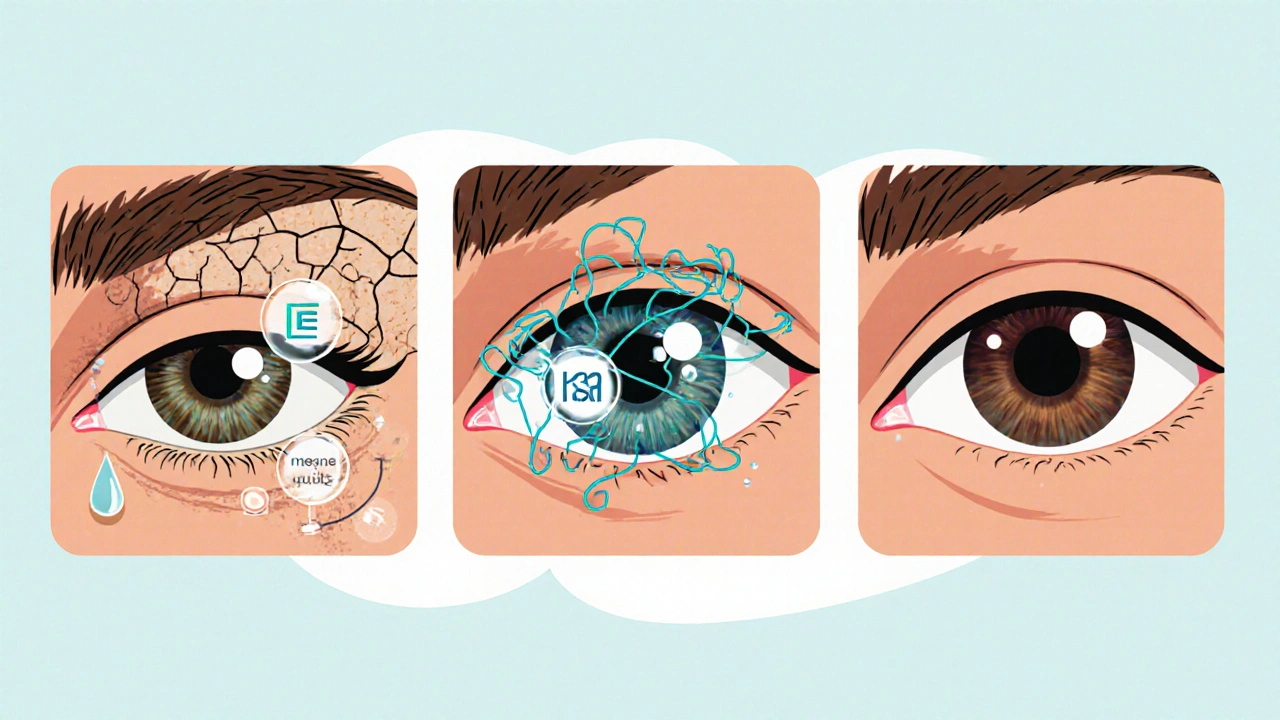 Three cartoon eye close‑ups: dry surface, strained focus, and dilated pupil.