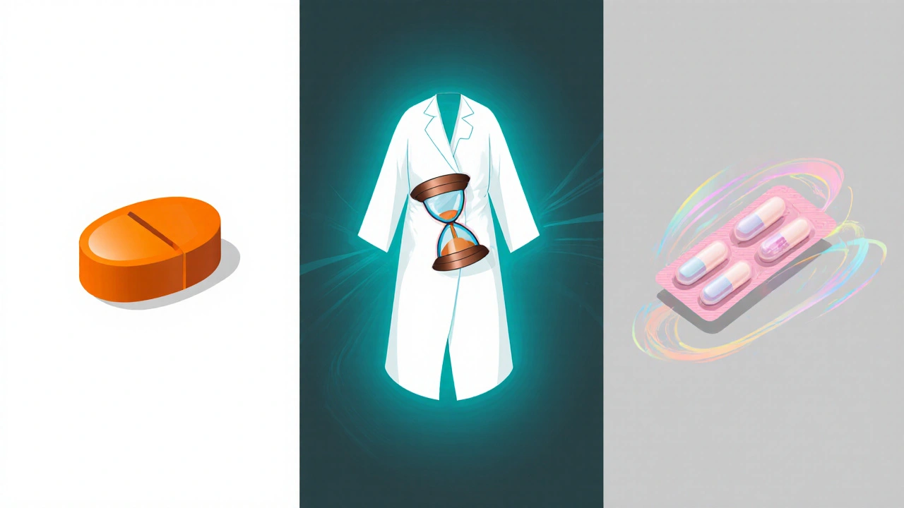 Three side‑by‑side illustrations showing an ulipristal pill, a copper IUD being inserted, and combined oral contraceptive pills.