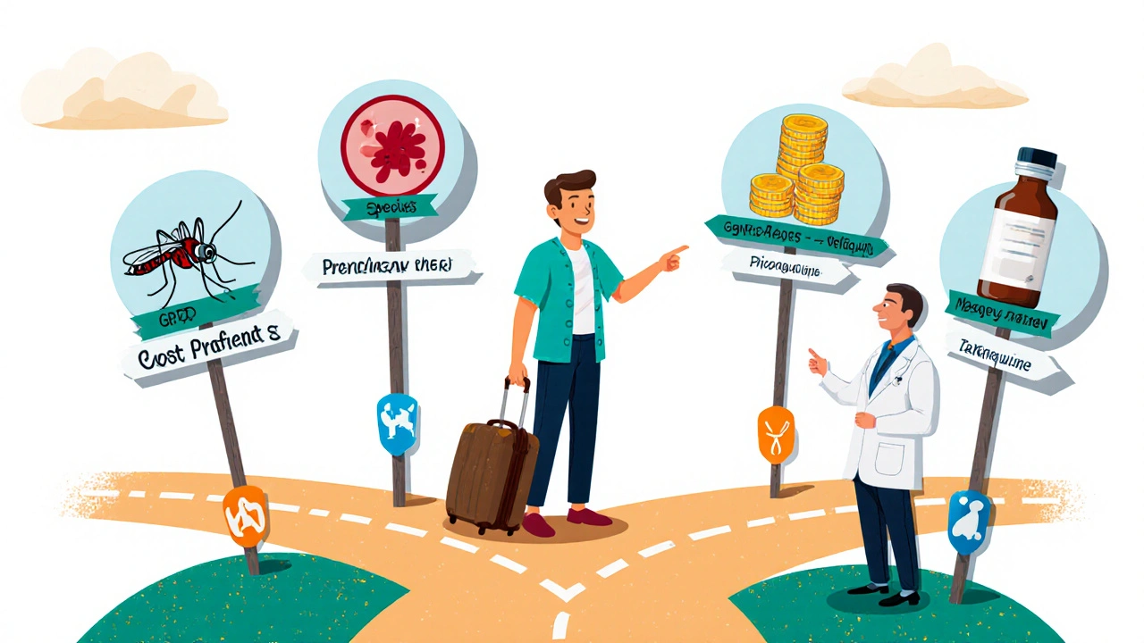 Travel-themed flowchart with patient choosing antimalarial based on risk factors.