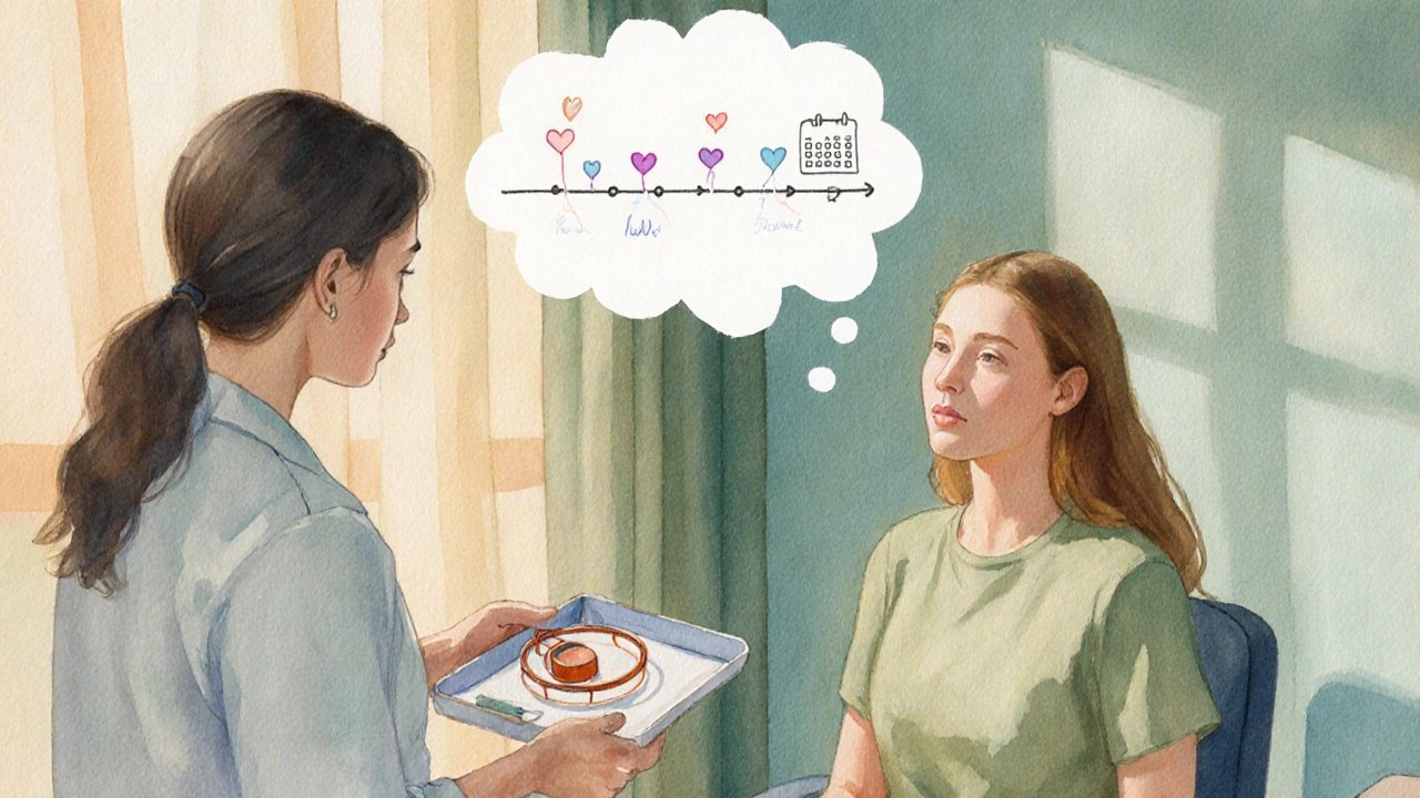 Woman consulting a clinician about a copper IUD, with a subtle thought bubble of a long‑term timeline.
