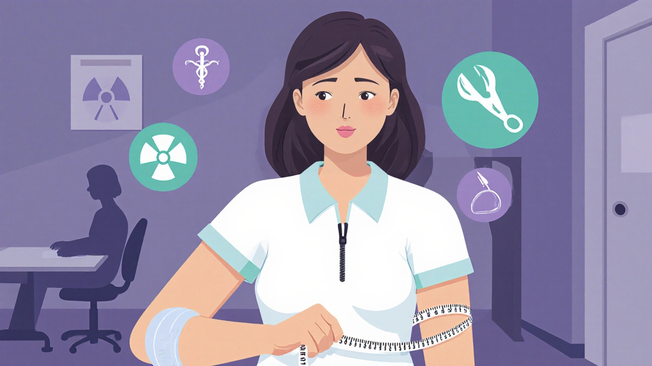 Woman measuring arm swelling, with compression sleeve and icons for surgery and radiation.