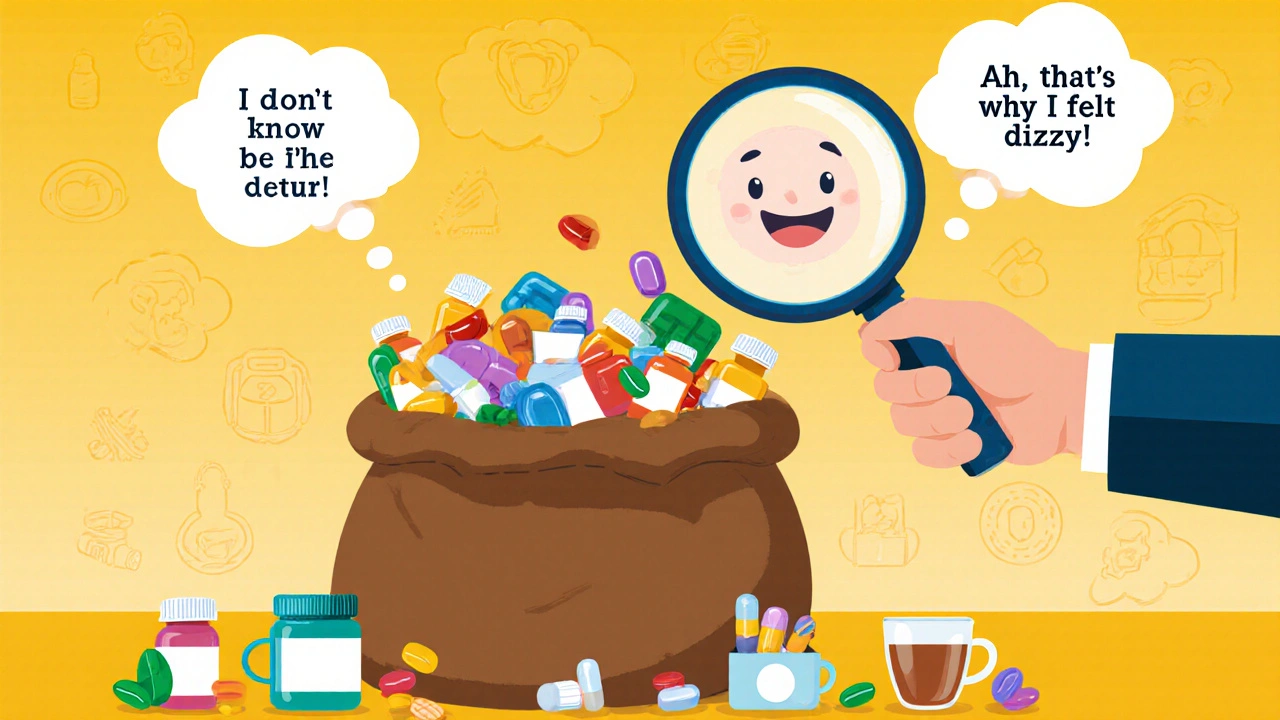 A brown bag spills medications as a pharmacist uses a magnifying glass to reveal hidden drug interactions.