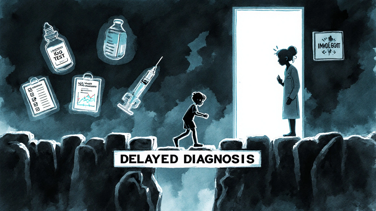 A child crossing a medical test checklist bridge toward an immunologist&#039;s door, with diagnostic icons as stepping stones.